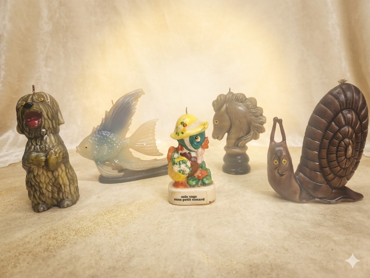 Photo des cinq premières bougies de la collection de Véronique Salmont, dont le petit canard auvergnat de ses 16 ans marqué "Sois sage mon petit canard", présentées sur un fond crème lumineux.