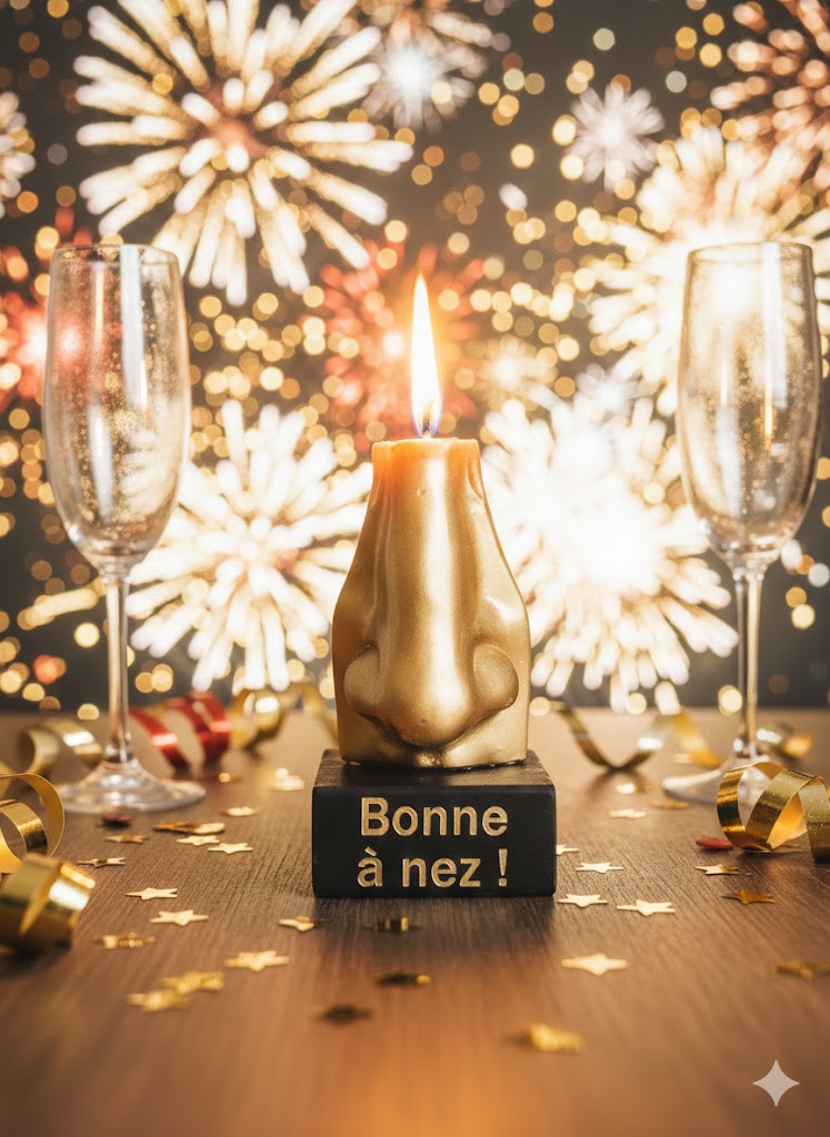 Bougie bonne a nez Bougie insolite nez doré allumée “Bonne à nez” sur socle noir avec flûtes de champagne et feux d’artifice en arrière-plan