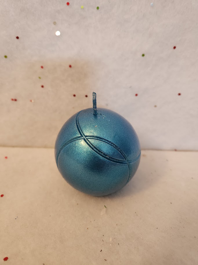 Bougie boule de pétanque bleue métalissée vue de dessus bougie boule pétanque bleue