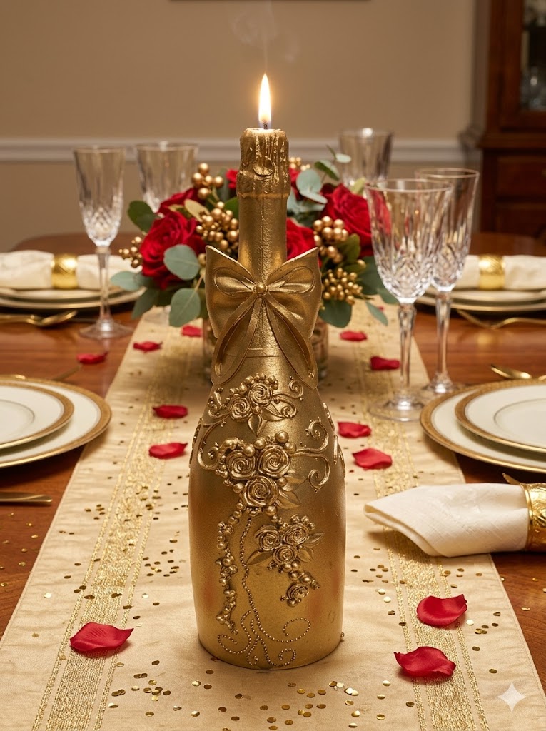 Bougie décorative en forme de bouteille de champagne de 19 cm pour centre de table de mariage élégant.