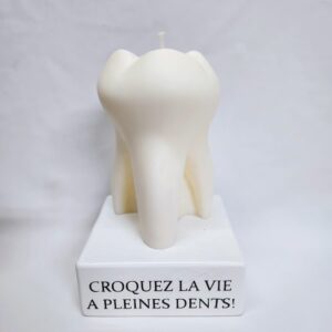 Bougie décorative en forme de dent sur socle Croquez la vie à pleines dents