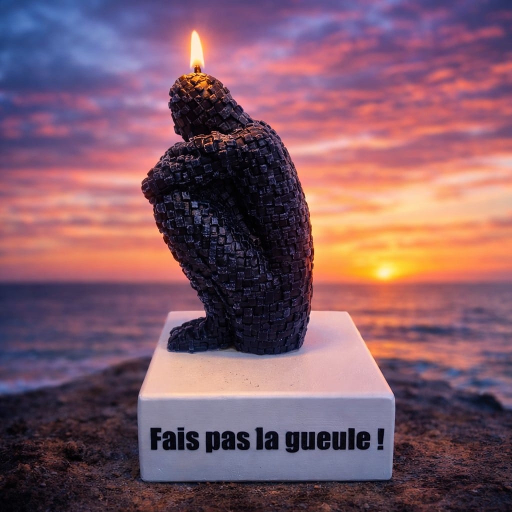 Cette bougie artisanale unique se distingue par sa forme de personnage assis au style pixelisé et sa couleur bleue apaisante. Allumée, elle diffuse une lumière douce qui renforce son côté chaleureux et décoratif. Posée dans un décor cocooning avec des bougies en arrière-plan, elle apporte une touche à la fois moderne, artistique et originale. Parfaite pour une décoration insolite, un cadeau créatif ou une ambiance relaxante, cette bougie allie design contemporain et atmosphère apaisante.