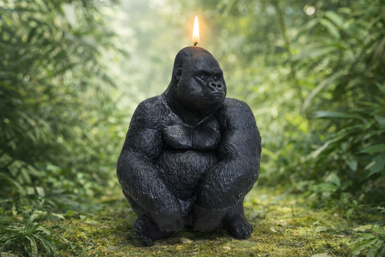 Bougie artisanale noire en forme de gorille allumée dans un décor de jungle verdoyante