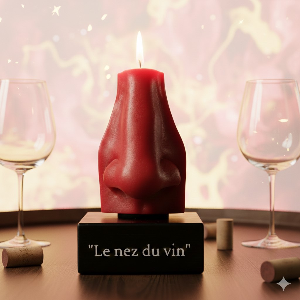 Bougie insolite artisanale “Le nez du vin” en forme de nez rouge, allumée, présentée avec verres à vin, création La Fée des Bougies.