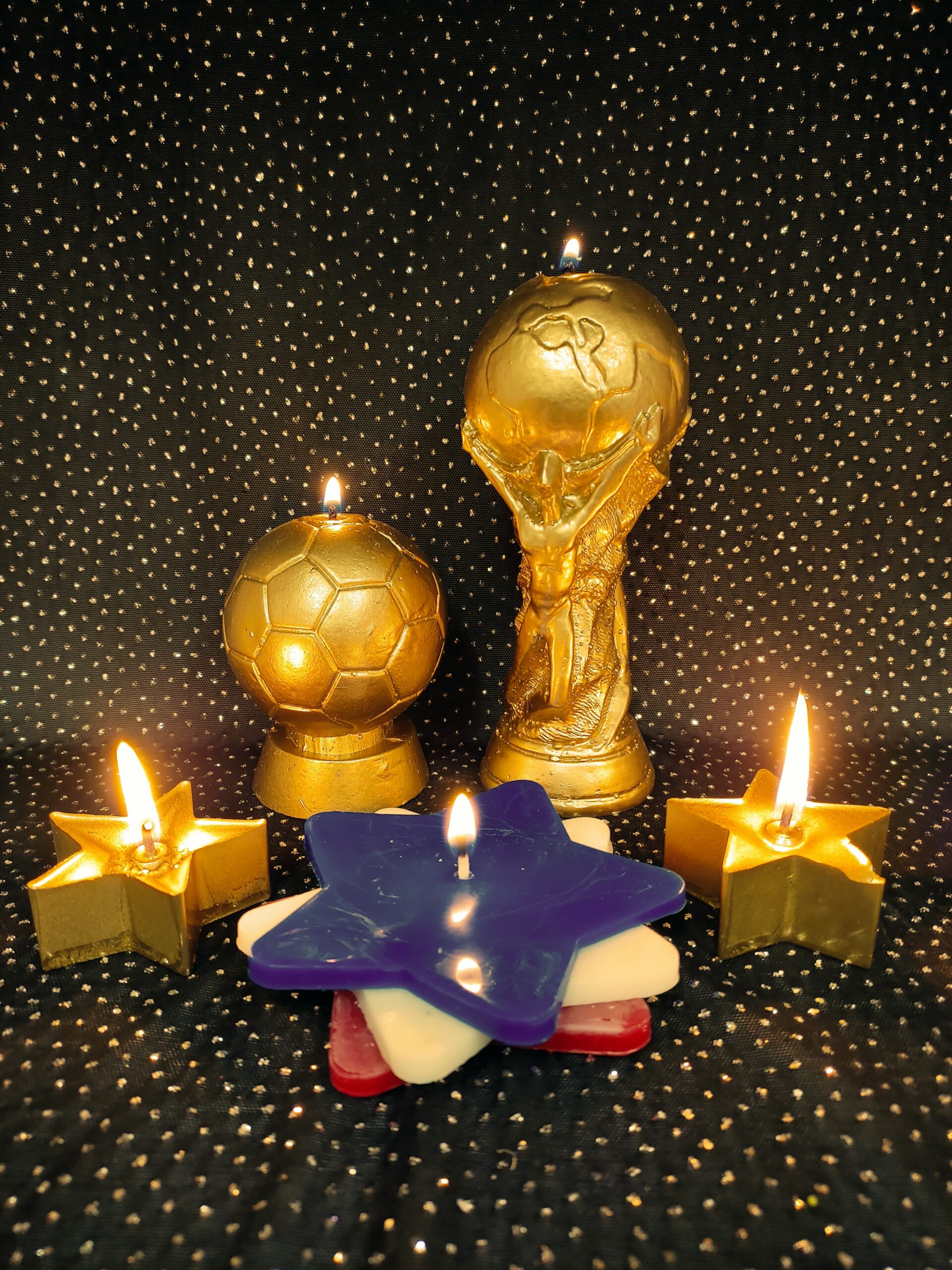 Bougies coupe du Monde de foot, ballon de foot or, 1 étoile bleu