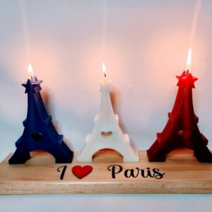 Bougies tour eiffel bleu blanc rouge sur socle bois I love paris