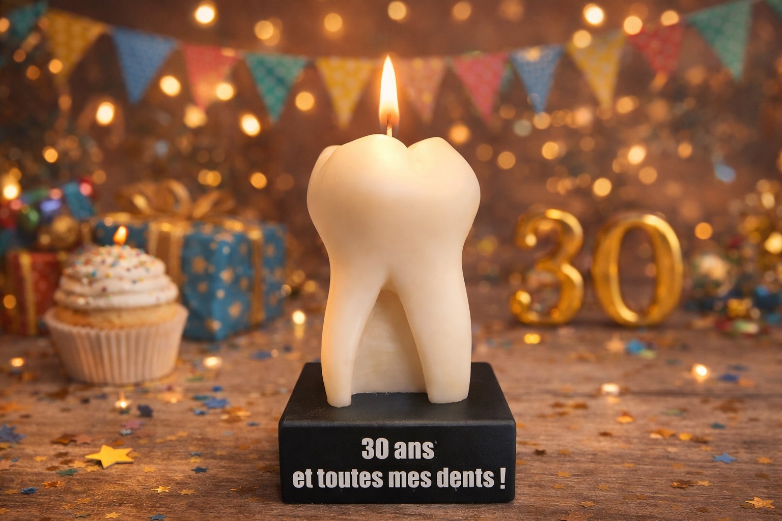 bougie-anniversaire-30-ans-toutes-mes-dents-originale-humour Bougie anniversaire originale en forme de dent allumée avec inscription "30 ans et toutes mes dents" sur fond festif