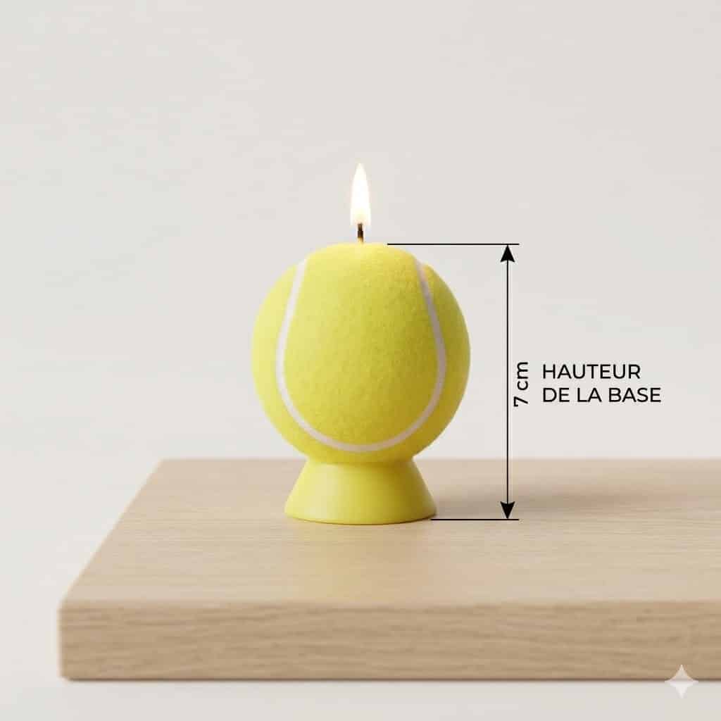 Une image présentant une bougie en cire, modelée en forme de balle de tennis, de couleur jaune fluo avec des lignes blanches. La bougie est allumée et posée sur un support en cire jaune fluo, sur une surface en bois clair, devant un fond uni blanc. Une flèche d'indication de hauteur est visible à droite, avec l'inscription "7 cm" et "HAUTEUR DE LA BASE".