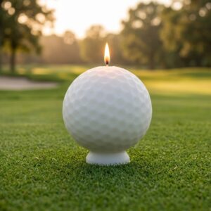 Photographie de produit d'une bougie blanche en forme de balle de golf, modélisée en 3D avec tous ses alvéoles, allumée et posée sur son socle. La bougie est au centre d'un green de golf en herbe, avec un filet de practice et des arbres flous en arrière-plan sous un éclairage doux de fin de journée. Une création artisanale unique de La Fée des Bougies.
