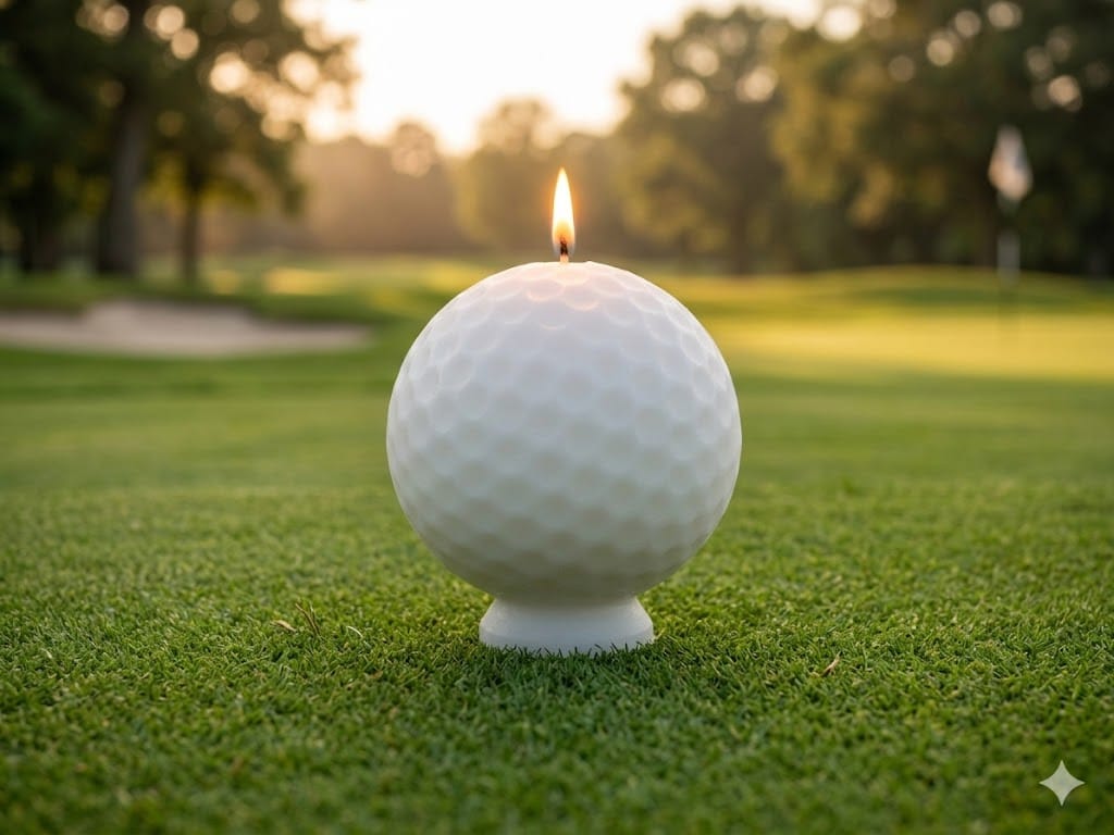Photographie de produit d'une bougie blanche en forme de balle de golf, modélisée en 3D avec tous ses alvéoles, allumée et posée sur son socle. La bougie est au centre d'un green de golf en herbe, avec un filet de practice et des arbres flous en arrière-plan sous un éclairage doux de fin de journée. Une création artisanale unique de La Fée des Bougies.