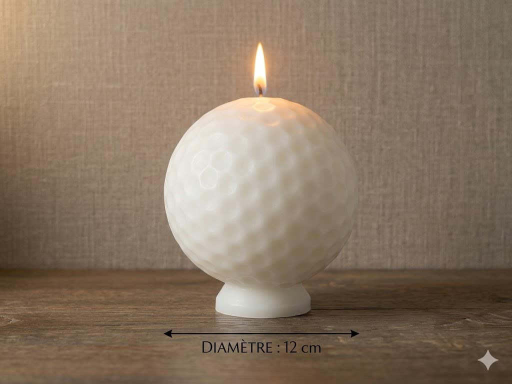 Photographie de produit d'une bougie blanche en forme de balle de golf, allumée, posée sur un socle blanc. Un indicateur de mesure en bas de l'image précise un diamètre de 12 cm. Fond neutre texturé et support en bois pour une ambiance élégante et artisanale.