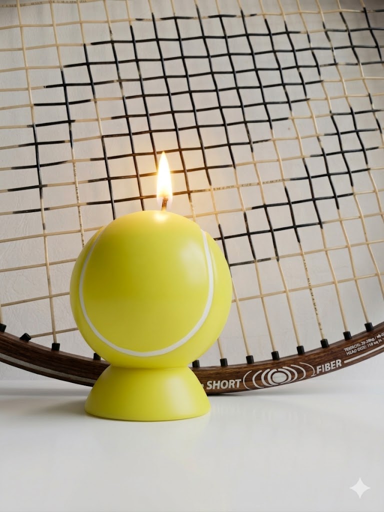 Photographie de produit d'une bougie en cire jaune lisse en forme de balle de tennis, avec une mèche allumée, posée devant une raquette de tennis en bois vintage. Ambiance chaleureuse, création artisanale La Fée des Bougies.