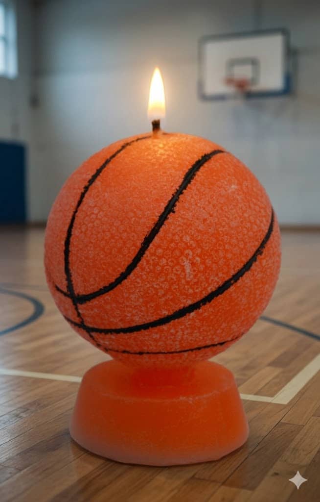 Une image présentant une bougie en cire, modelée en forme de ballon de basket, de couleur orange avec des lignes noires. La bougie est allumée et posée sur un support en cire orange, sur un fond de terrain de basket d'intérieur avec un panneau de basket visible en arrière-plan.