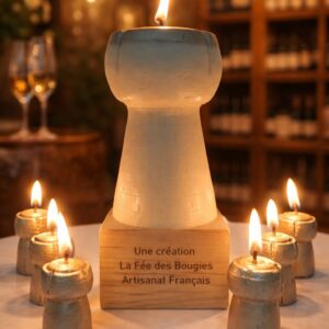 Ensemble de bougies artisanales : un bouchon de champagne géant sur socle personnalisé et six mini bouchons dorés. Cadeau d'entreprise de luxe et décoration originale en cire végétale, fabrication française.