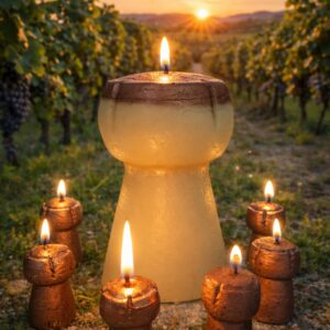 Set exclusif de bougies artisanales comprenant un grand bouchon de champagne de 14 cm et six bougies à taille réelle, décoration haut de gamme pour cavistes et domaines viticoles