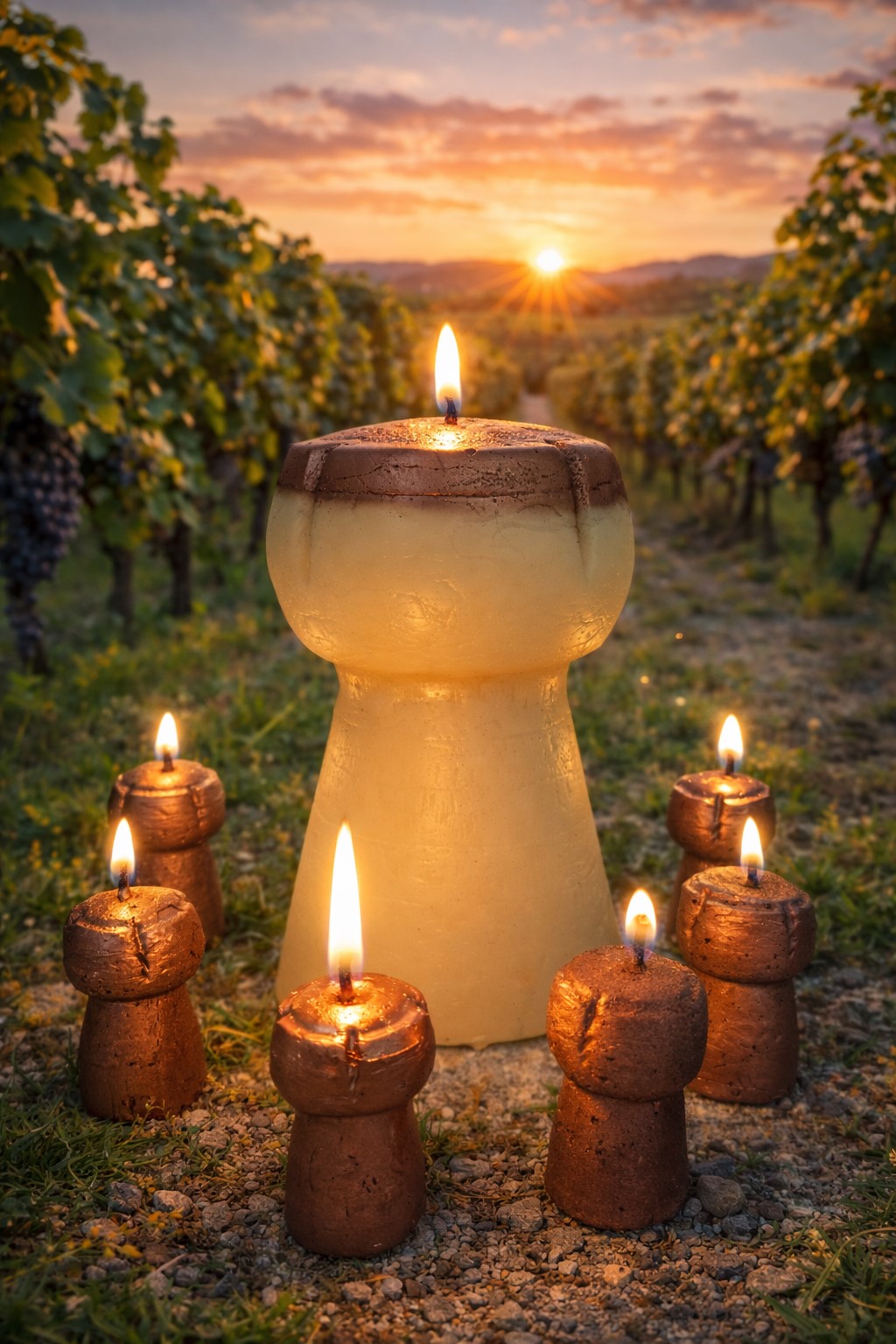 Set exclusif de bougies artisanales comprenant un grand bouchon de champagne de 14 cm et six bougies à taille réelle, décoration haut de gamme pour cavistes et domaines viticoles