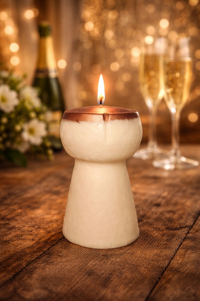 Gros plan sur une bougie artisanale réaliste en forme de bouchon de champagne en liège, avec le détail du muselet en fil de fer et la mèche