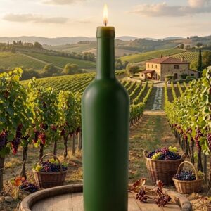 Grande bougie artisanale (23 cm) en forme de demi-bouteille de Bordeaux (verte) allumée sur un tonneau, fond vignobles.