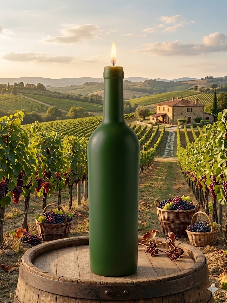 Grande bougie artisanale (23 cm) en forme de demi-bouteille de Bordeaux (verte) allumée sur un tonneau, fond vignobles.