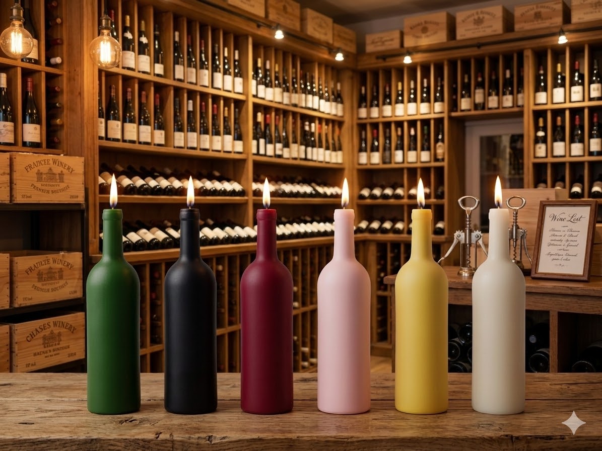 Bougie artisanale en cire végétale forme bouteille de Bordeaux, réplique exacte modélisée en 3D, idéale pour cavistes et châteaux.