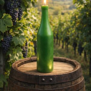 Bougie artisanale en forme de bouteille de Bourgogne (petit modèle) présentée sur un tonneau en bois.