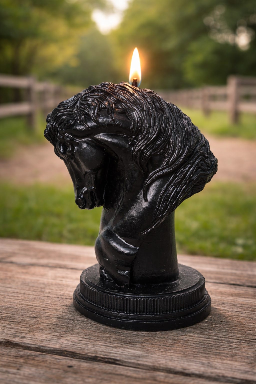 Bougie tête de cheval noire artisanale allumée sur fond de haras avec clôture et nature
