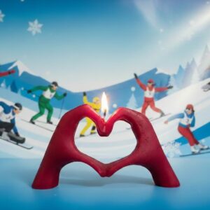 Bougie mains en cœur rouge sur fond de sports d'hiver.