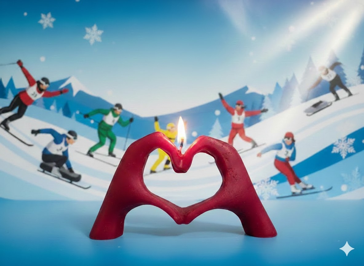 Bougie mains en cœur - Édition Victoire Bougie mains en cœur rouge sur fond de sports d'hiver.