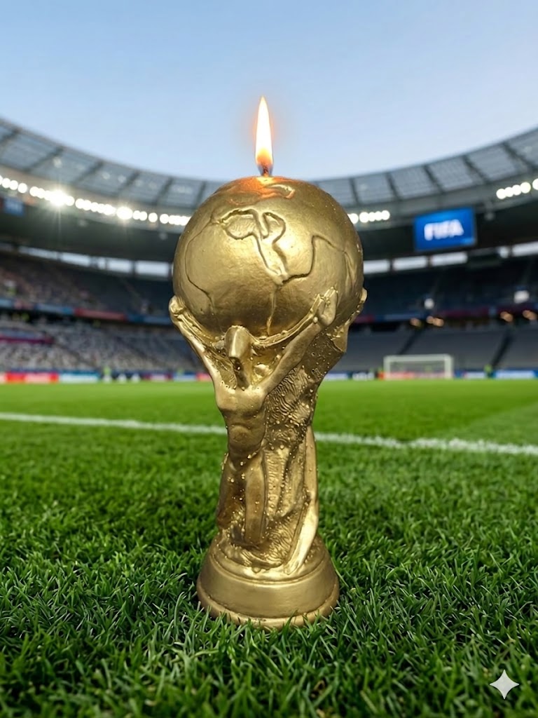 Photographie de produit d'une bougie dorée en forme de Trophée de football, allumée et posée sur la pelouse verte d'un stade mythique de l'équipe de France. Mèche enflammée, design réaliste des deux figures soutenant le globe, création artisanale exclusive de La Fée des Bougies.
