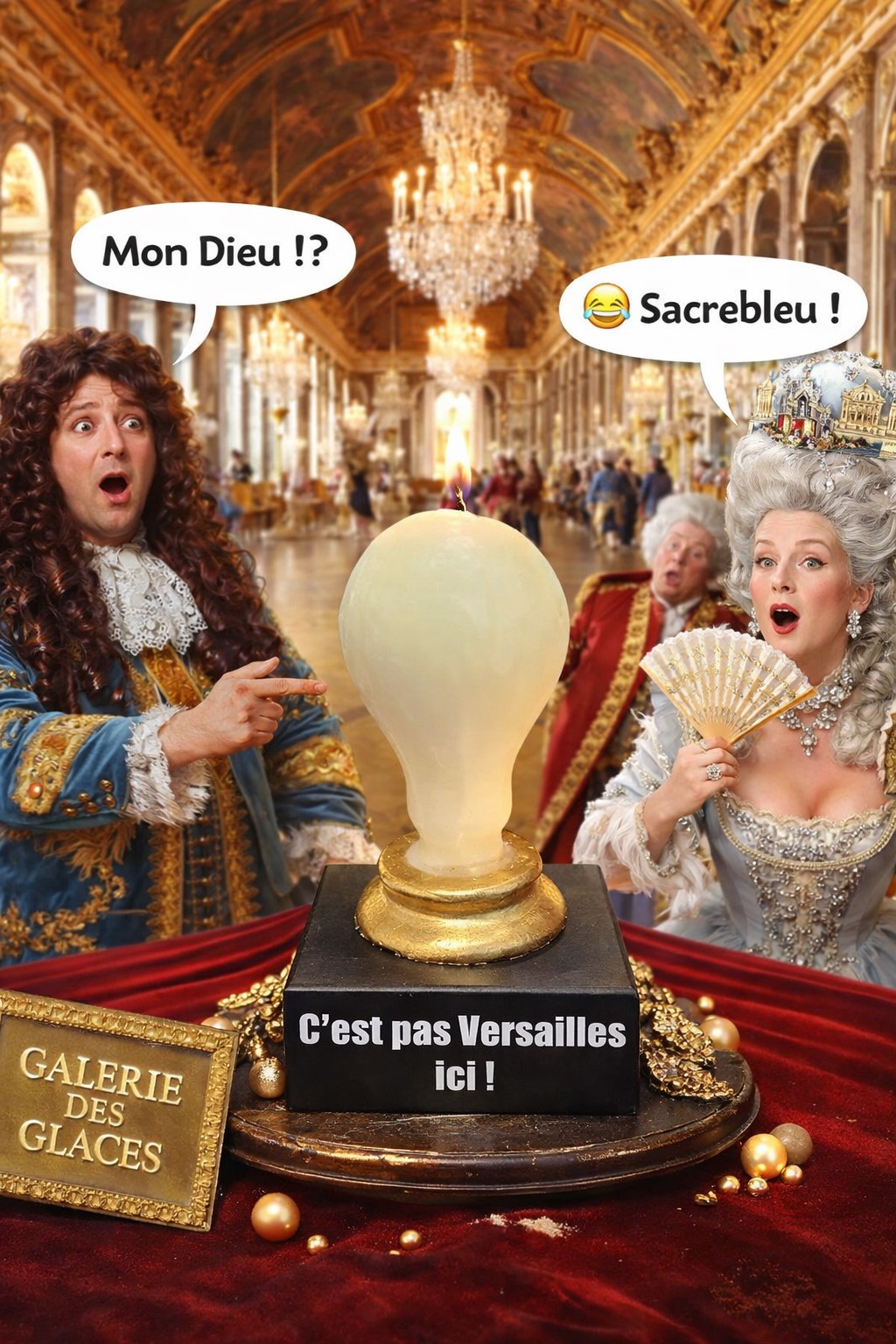 Bougie déco originale artisanale en forme d’ampoule de 13 cm, mise en scène façon Galerie des Glaces de Versailles, avec humour “C’est pas Versailles ici”