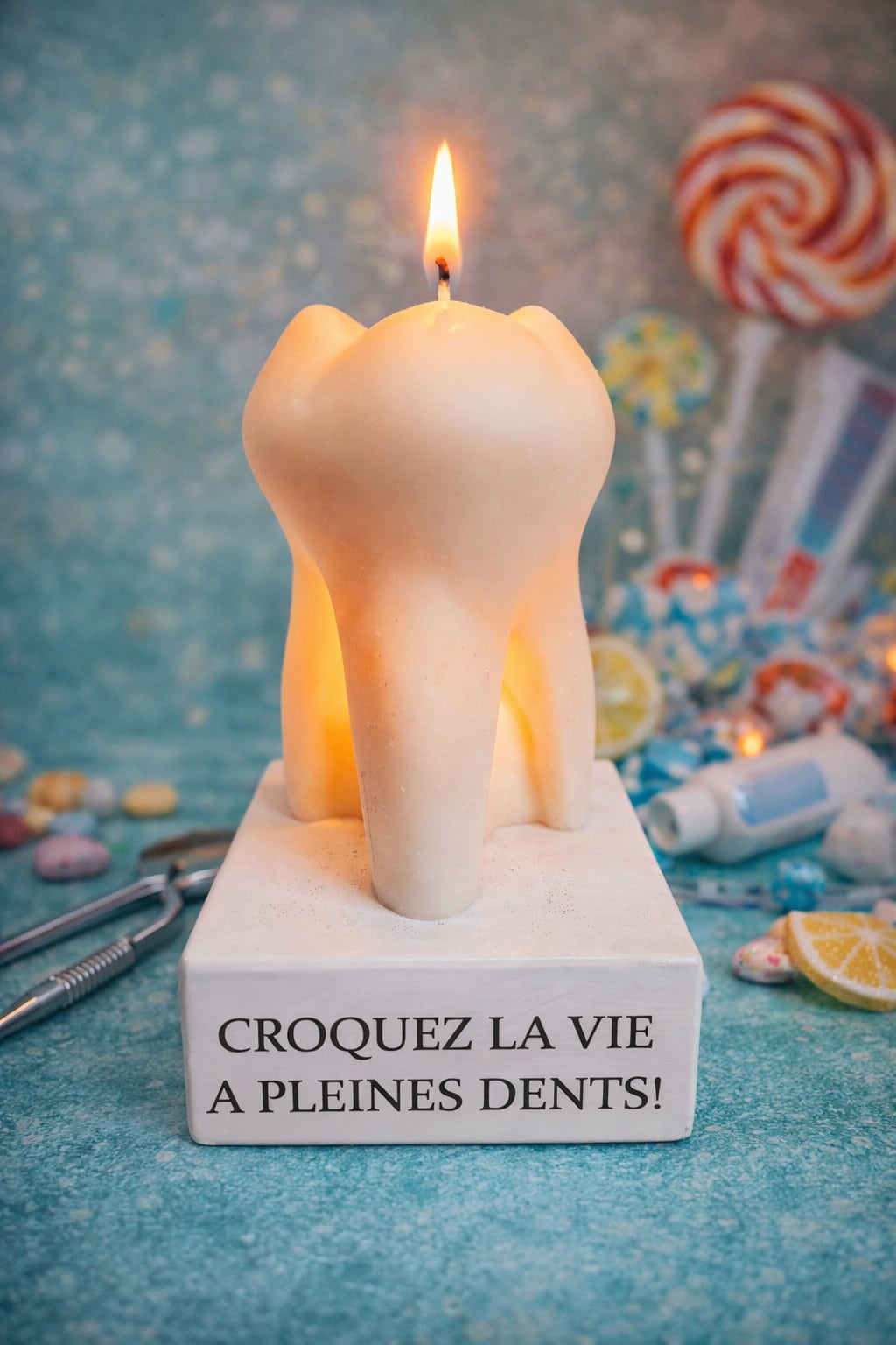 Bougie en forme de dent allumée avec décor coloré et gourmand, ambiance originale et décalée