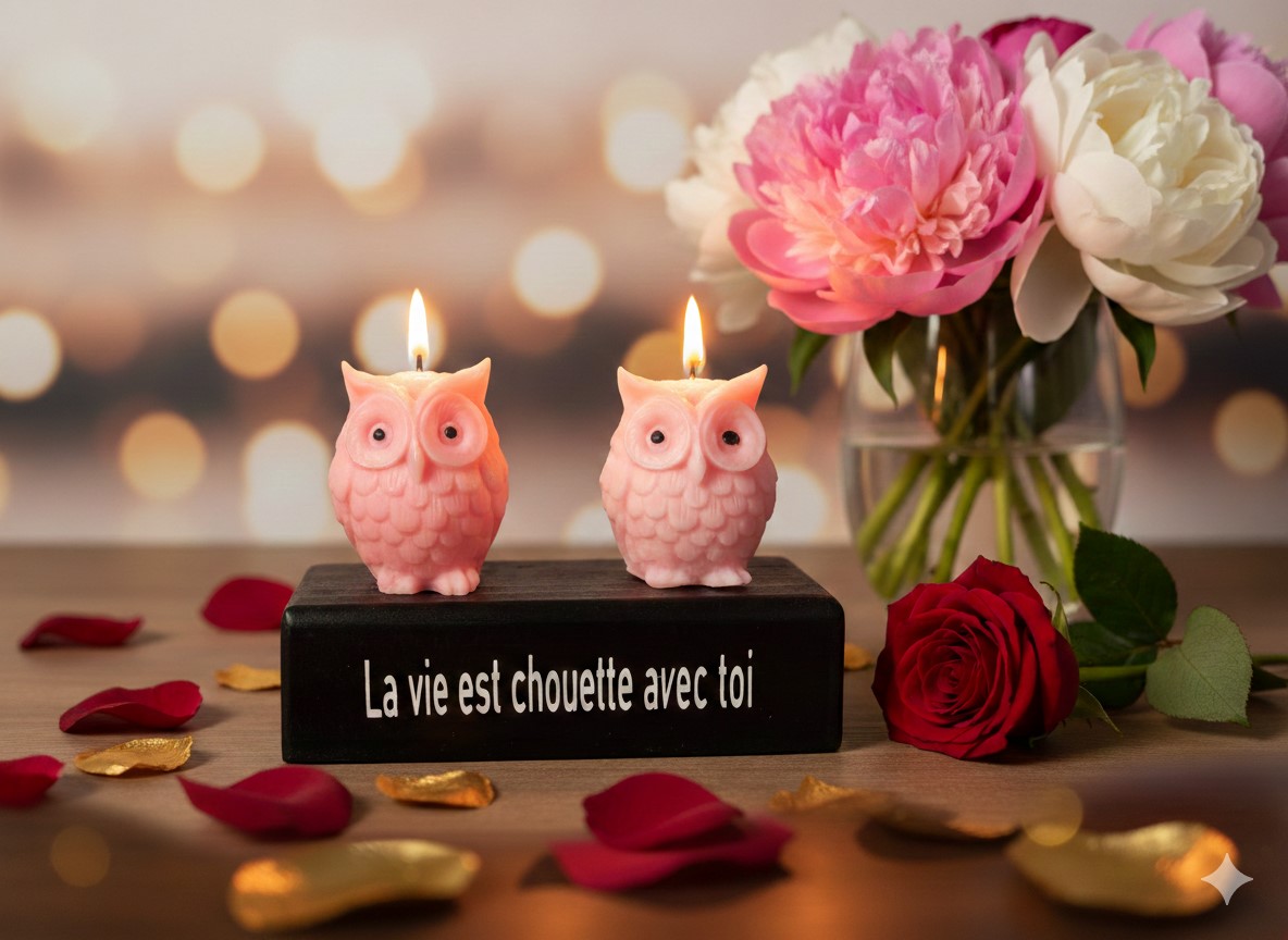 Duo de bougies chouettes en cire sur socle bois avec message La vie est chouette avec toi.