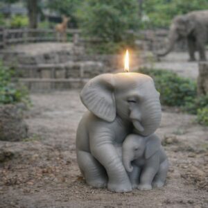 Photographie d'une bougie duo éléphants gris artisanale allumée, représentant une maman éléphant et son petit dans un décor de parc animalier. Création exclusive La Fée des Bougies pour boutiques de zoos.