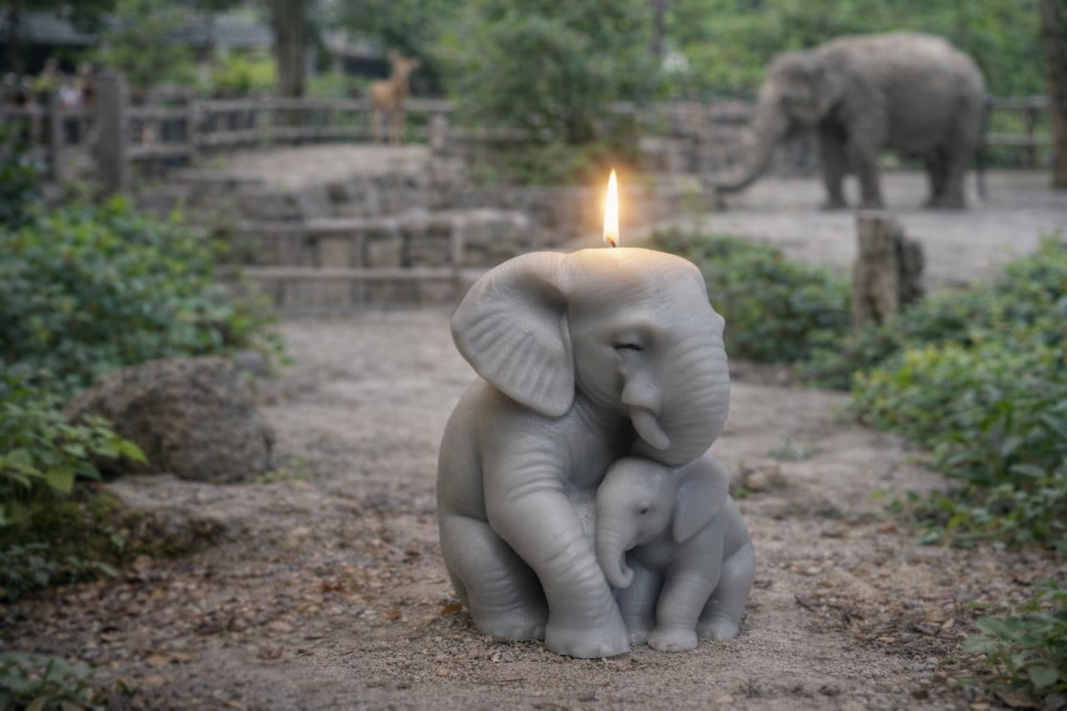Photographie d'une bougie duo éléphants gris artisanale allumée, représentant une maman éléphant et son petit dans un décor de parc animalier. Création exclusive La Fée des Bougies pour boutiques de zoos.