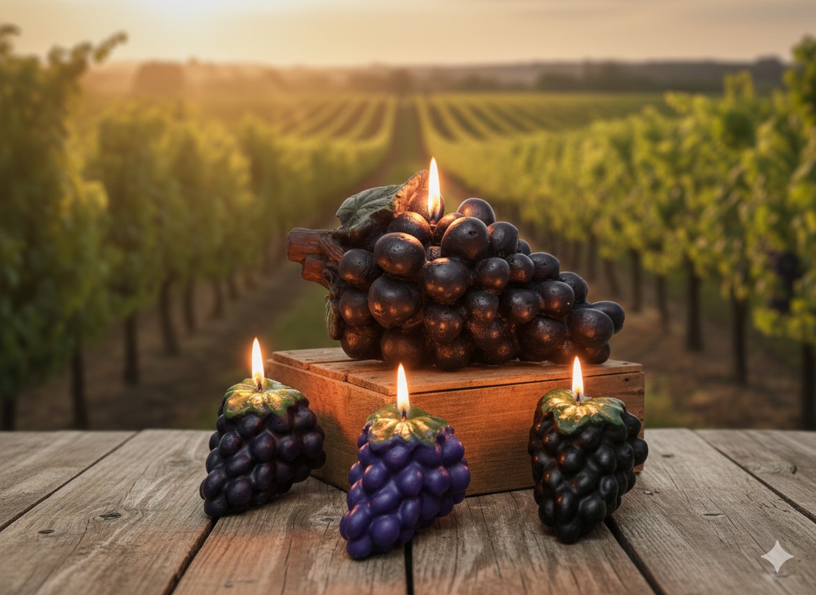bougie-grappe-raisin-artisanale-vignoble Bougies artisanales en forme de grappe de raisin, deux tailles disponibles, décoration de table thème vin