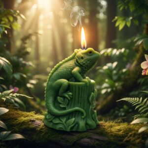Bougie artisanale verte en forme d'iguane sur un tronc, allumée dans un décor de jungle tropicale avec orchidées