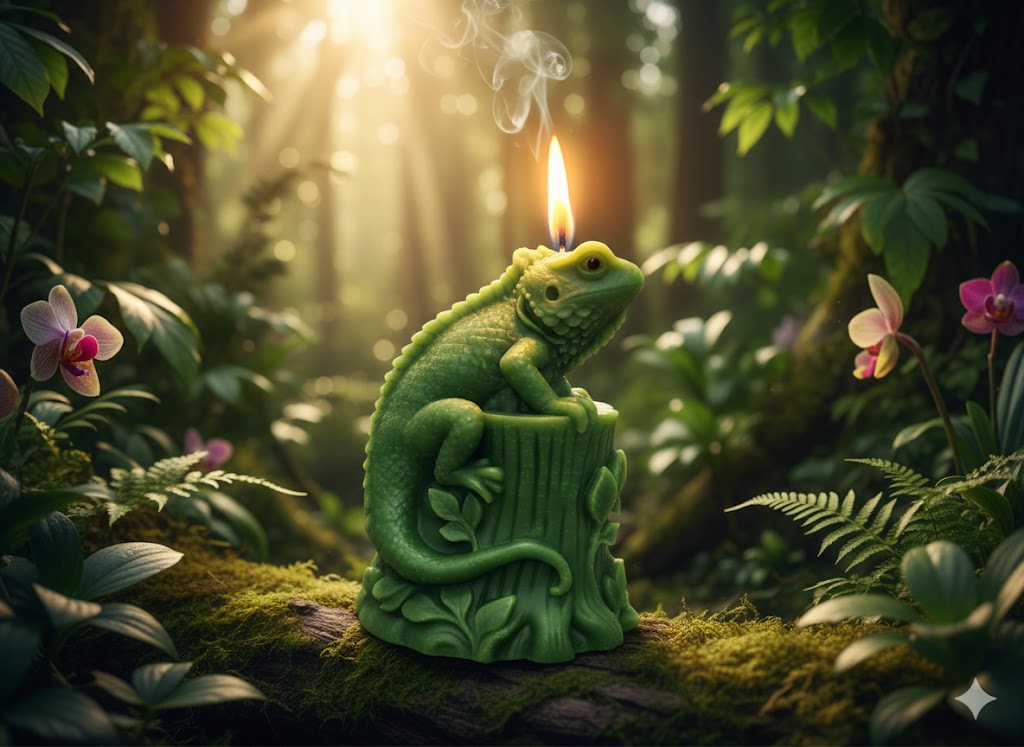 Bougie Iguane sur souche - Gamme Reptiles Tropicaux Bougie artisanale verte en forme d'iguane sur un tronc, allumée dans un décor de jungle tropicale avec orchidées