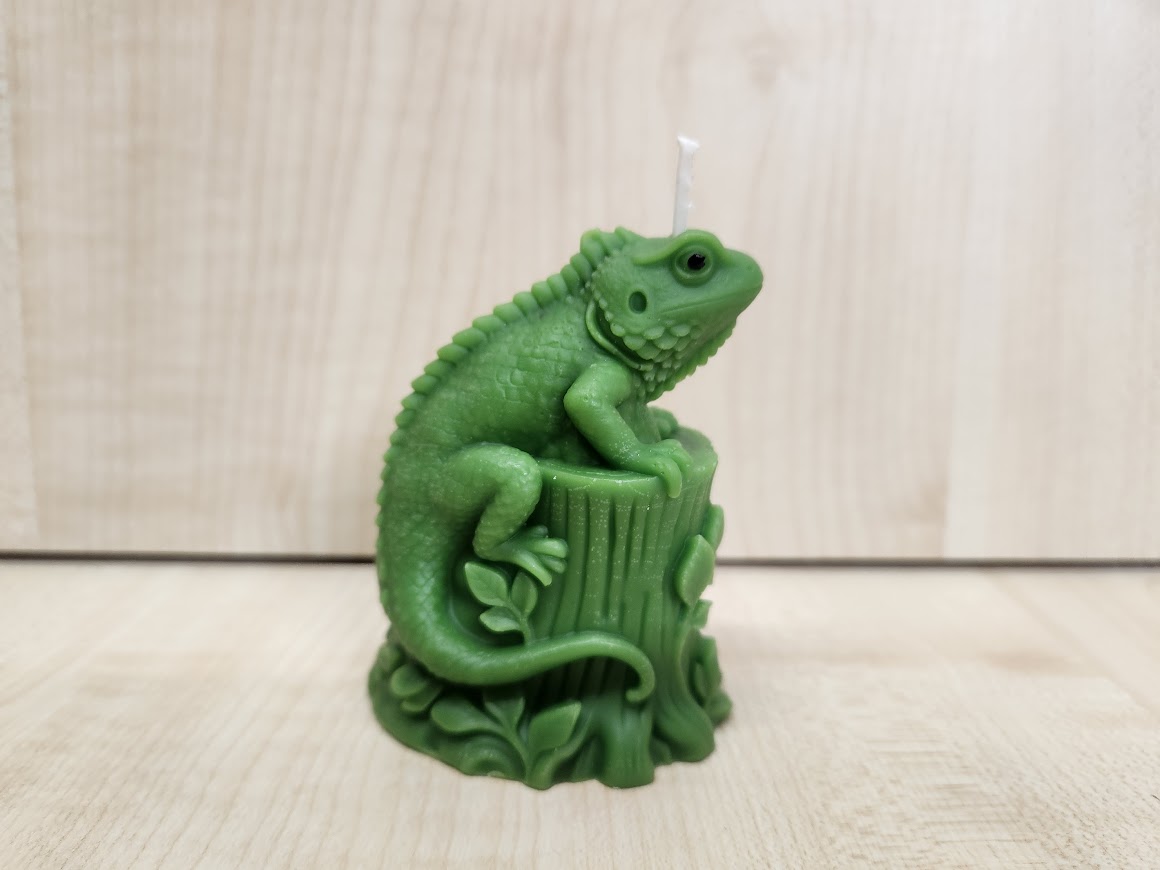 bougie-iguane-souvenir-zoo Bougie iguane verte sculptée sur un socle en bois, figurine animale pour boutique de zoo.