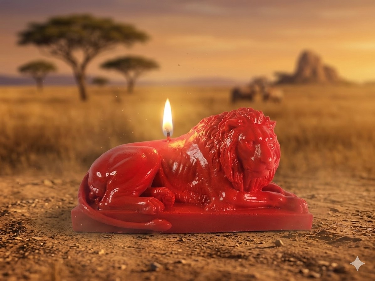 Photographie d'une bougie lion artisanale rouge et allumée, posée sur le sol sablonneux d'une savane africaine. Elle représente un lion mâle majestueux en repos. Moulage d'art La Fée des Bougies.