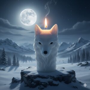 Bougie artisanale allumée représentant une tête de loup blanc dans un décor enneigé, idéal pour boutique de cadeau de parc animalier.