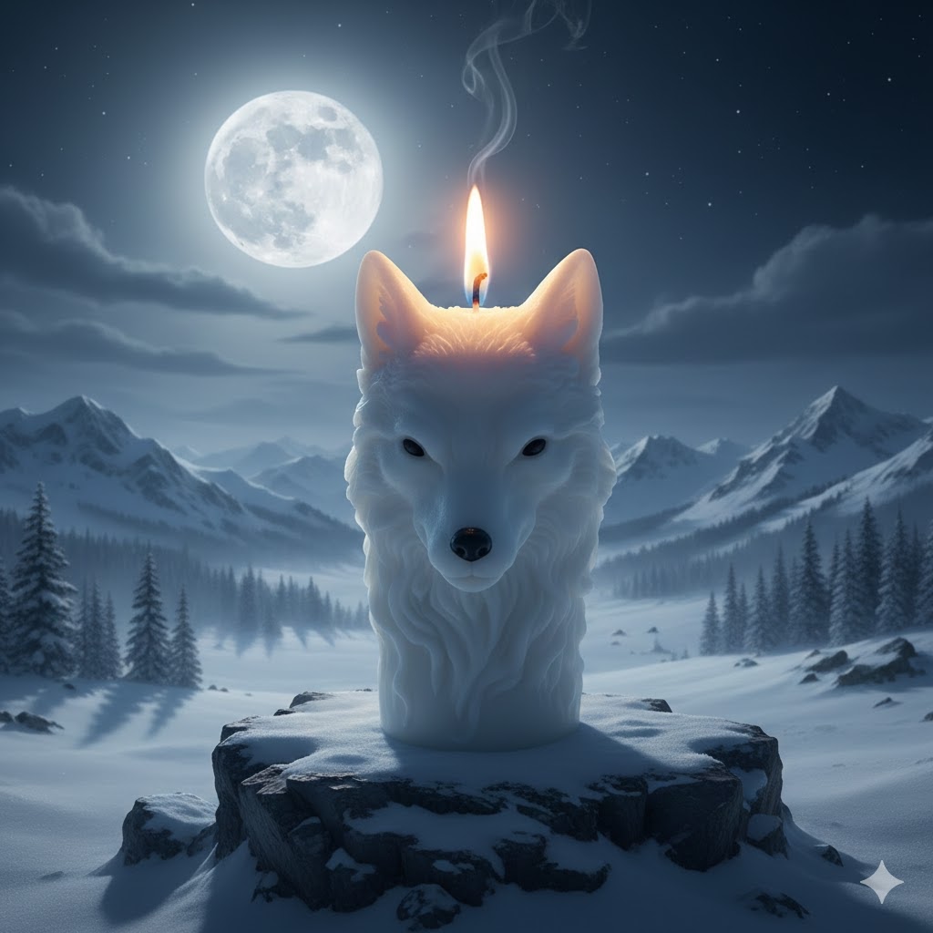 Bougie artisanale allumée représentant une tête de loup blanc dans un décor enneigé, idéal pour boutique de cadeau de parc animalier.
