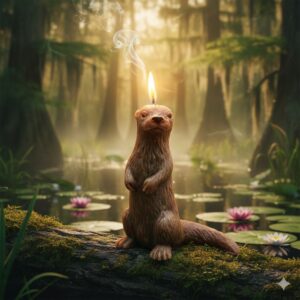 Bougie artisanale en forme de loutre debout sur un tronc, allumée dans un décor de marécage avec nénuphars.
