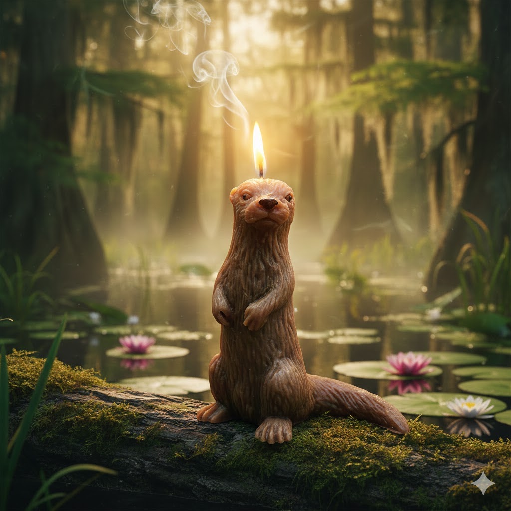 Bougie artisanale en forme de loutre debout sur un tronc, allumée dans un décor de marécage avec nénuphars.