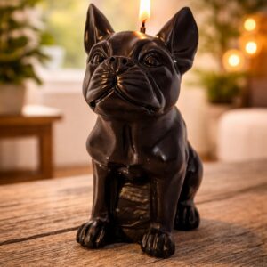 Bougie noire artisanale Bouledogue Français exclusive - Création moulée La Fée des Bougies.