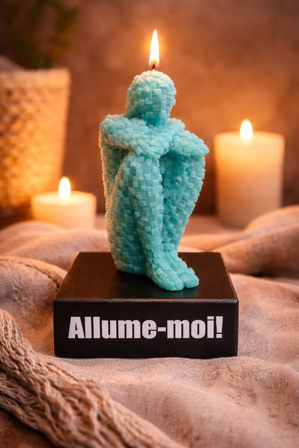 Bougie décorative bleue en forme de personnage pixel assis avec flamme allumée, ambiance chaleureuse