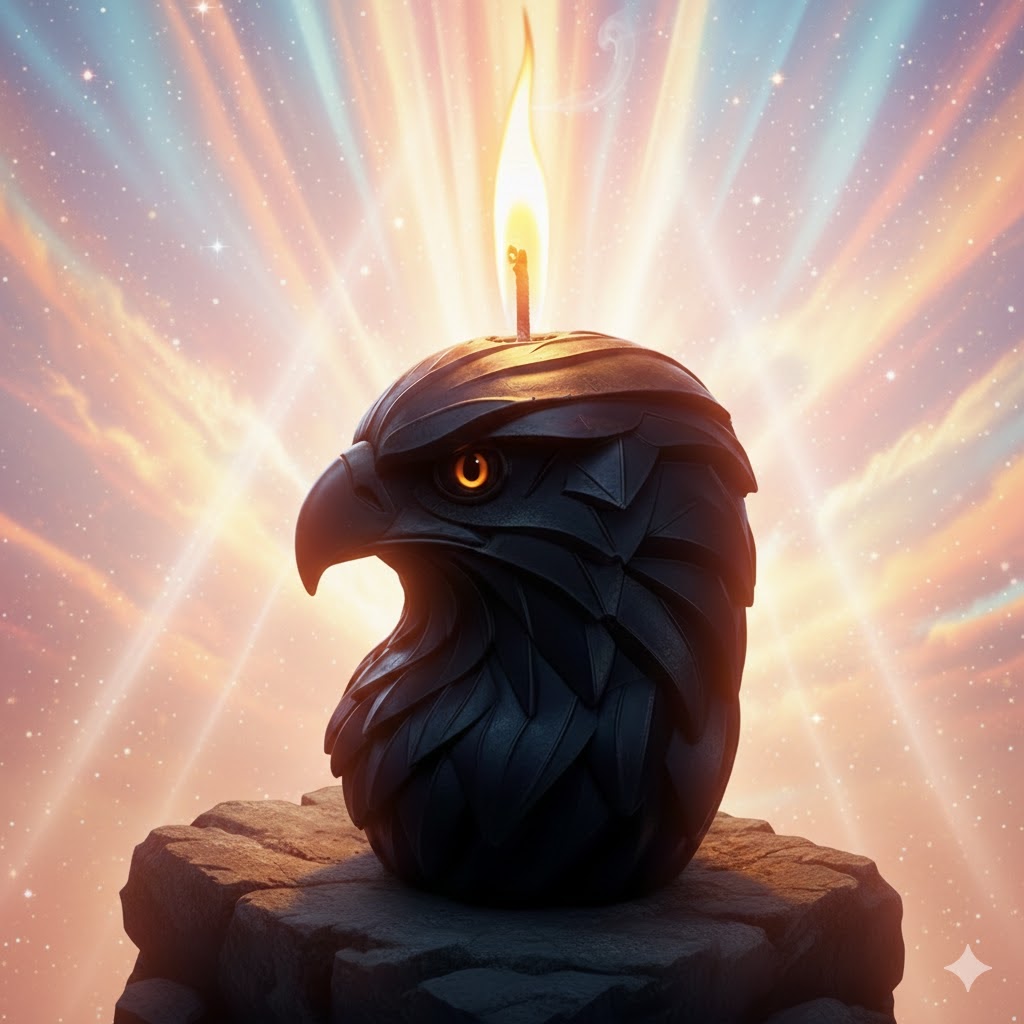 Bougie artisanale allumée représentant une tête d'aigle noir, idéal pour boutique de cadeau de parc à rapaces.