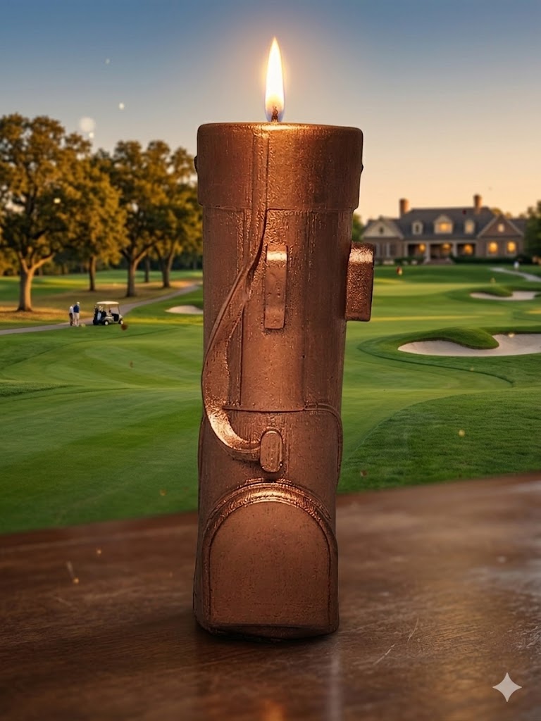 Photographie de produit d'une bougie en forme de sac de golf de couleur bronze, allumée avec une flamme vive. La bougie est posée sur un support en bois avec, en arrière-plan, un terrain de golf verdoyant et son club-house au coucher du soleil. Création artisanale La Fée des Bougies.