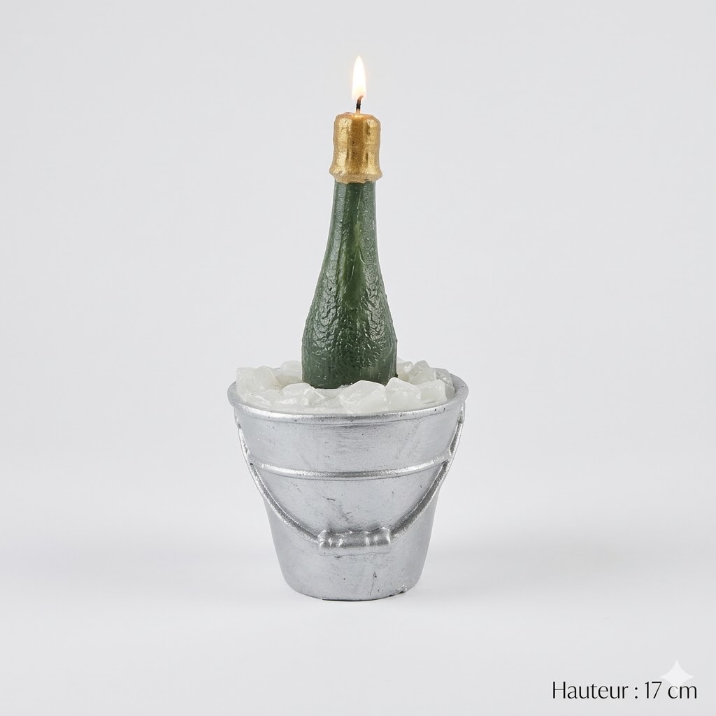 Bougie seau à champagne avec bouteille de 17 cm de haut, allumée, sur fond neutre.