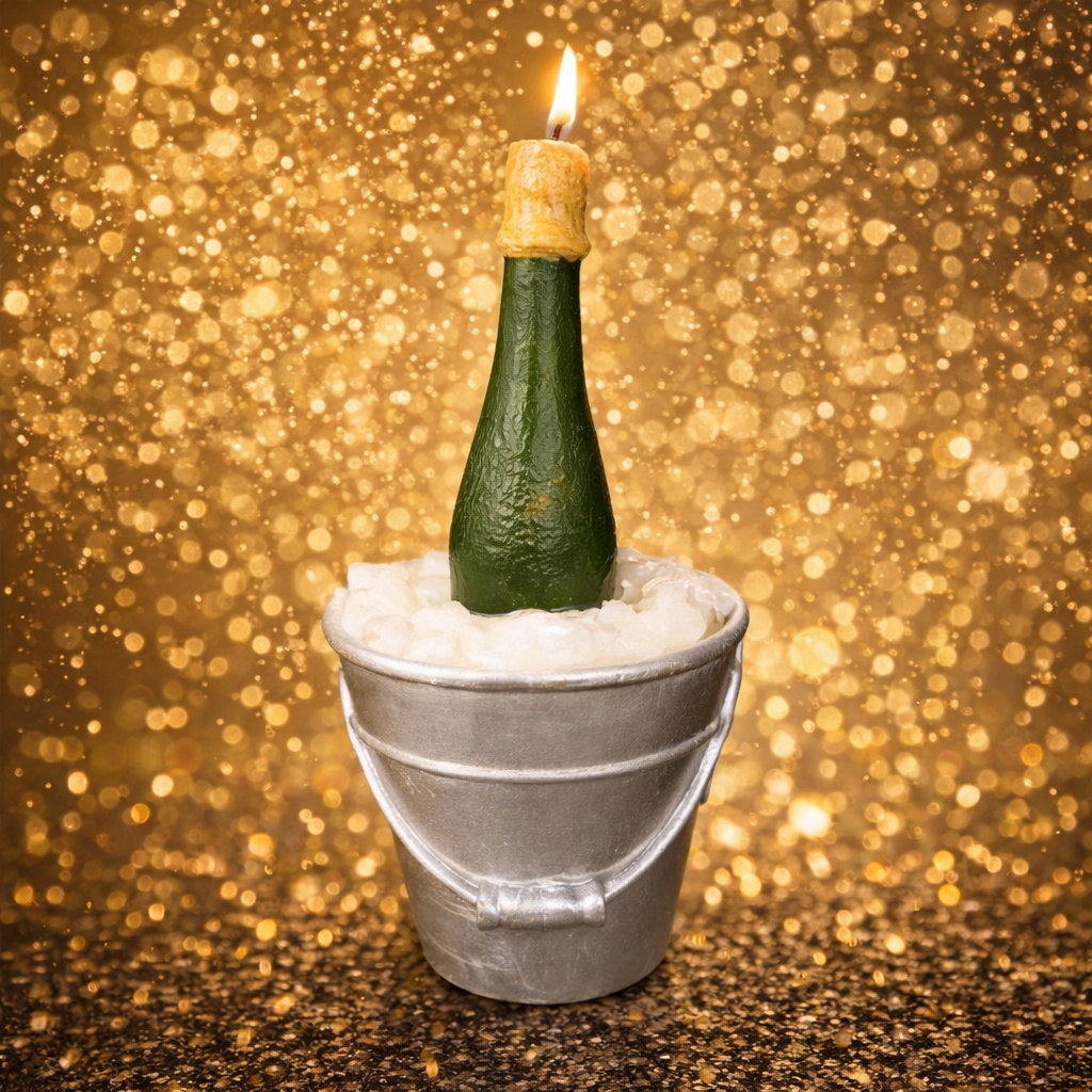 Bougie trompe-l'œil bouteille de champagne dans son seau à glace avec bulles de cire, fabrication artisanale française.