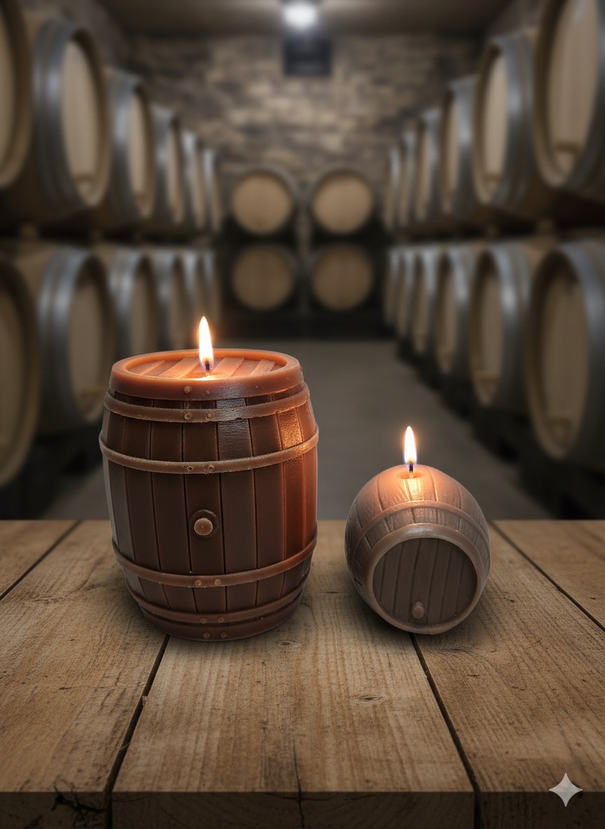 Duo de bougies artisanales en forme de tonneaux de vin allumées dans une cave à barriques à Bordeaux
